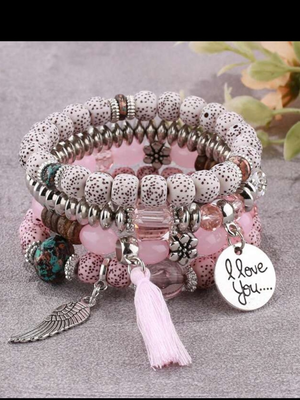 Beaded Bracelet Stacked Pink & White  Set with Wing Charm